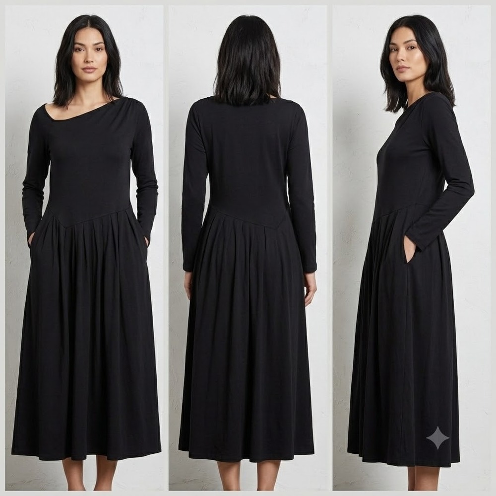 Merokeety A-Line Dress Womens L Black‎ Long Sleeve Classic Midi Pleated NWT